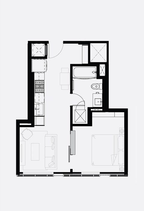 Floor plan for 1 bed, 1 bath, 500 sqft